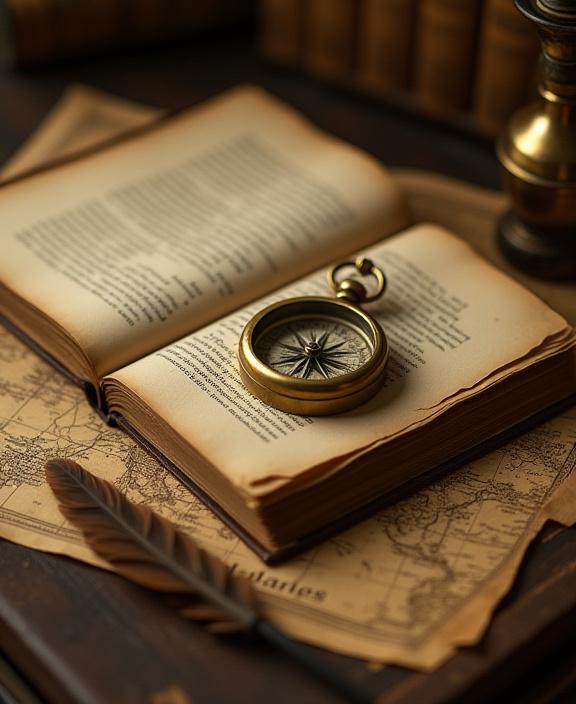 오래된 책과 빈티지 나침반이 지도 위에 놓여있는 모습